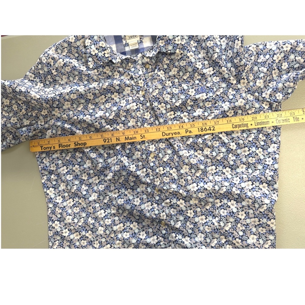 IZOD Womens Floral Button Down Shirt Blue White Long Sleeve XL Gold Rim Buttons - Picture 4 of 9